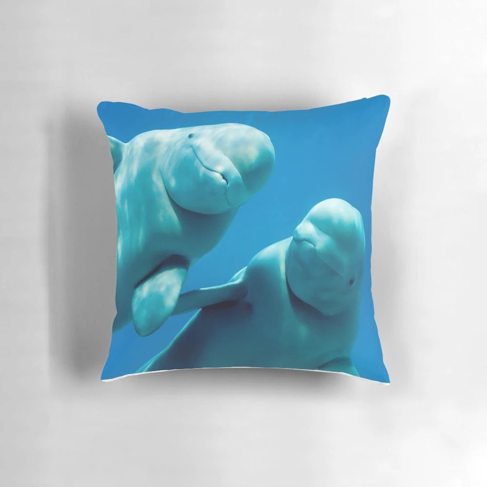 Soft and plush beluga whale pillow with a white, rounded body and friendly expression