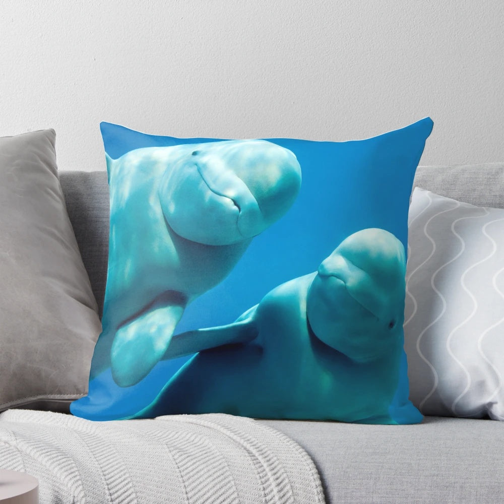 Soft and plush beluga whale pillow with a white, rounded body and friendly expression