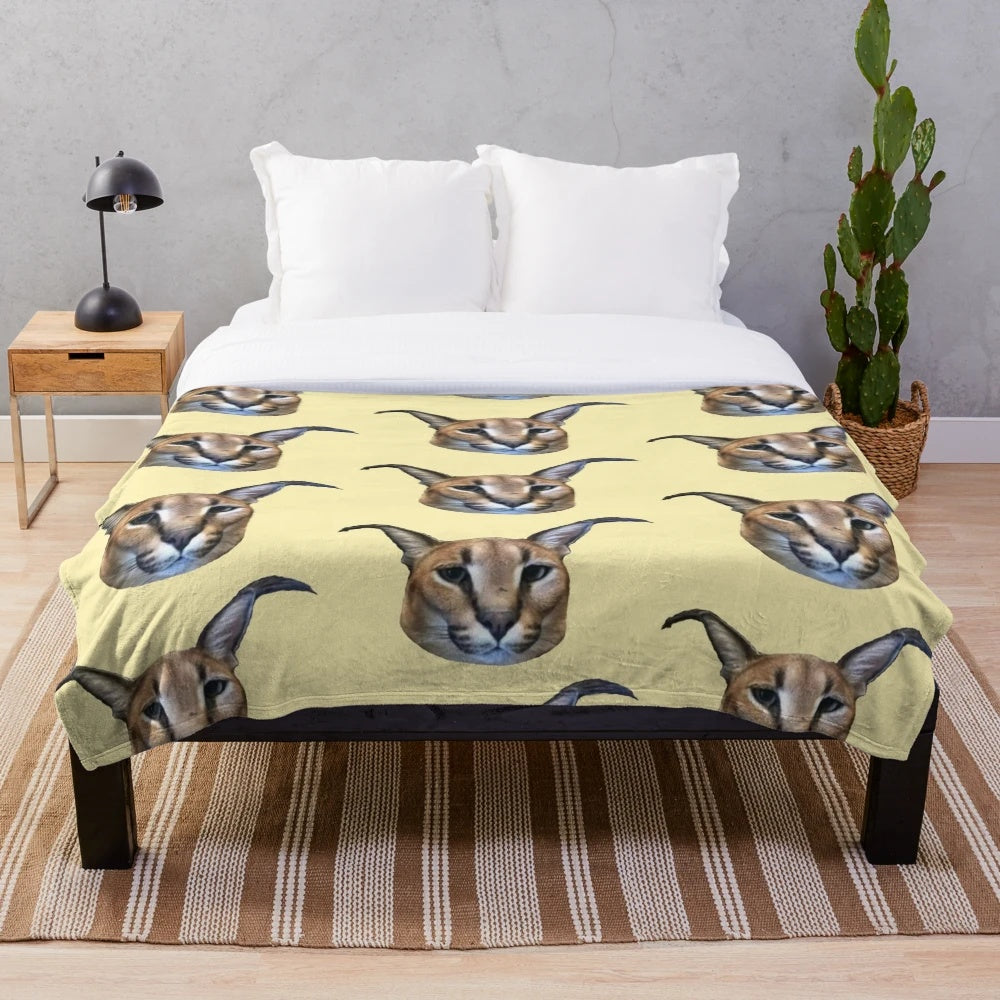 Big Floppa, a popular caracal meme cat, featured on a soft and cozy plush blanket