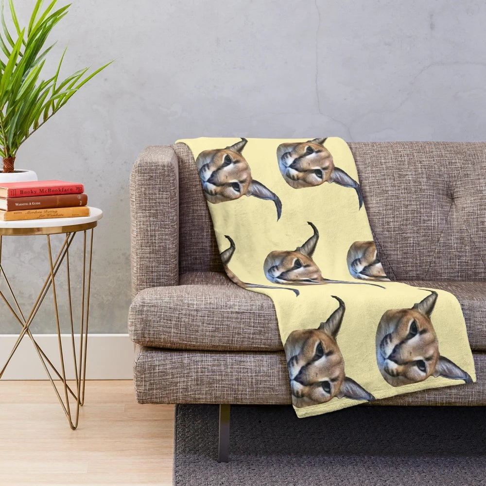 Big Floppa, a popular caracal meme cat, featured on a soft and cozy plush blanket