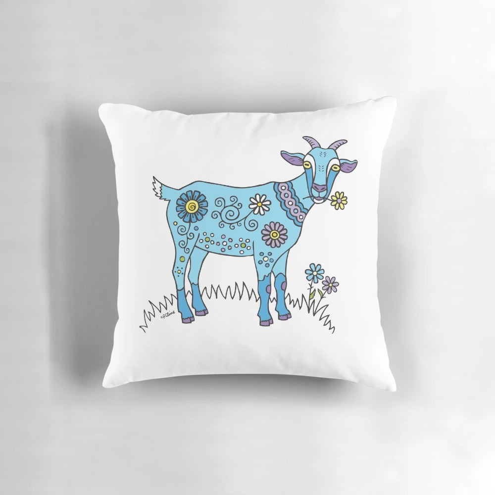 Plush blue goat-shaped pillow with a cute and whimsical design