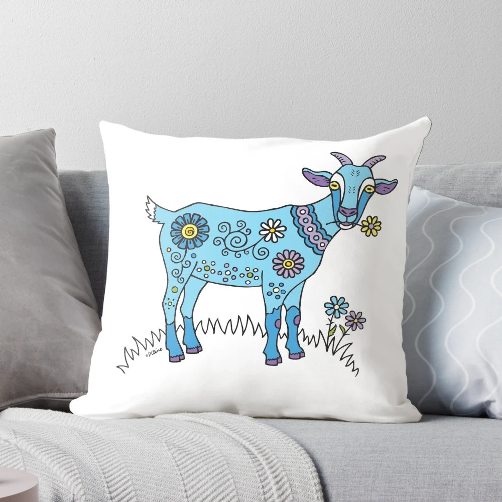 Plush blue goat-shaped pillow with a cute and whimsical design