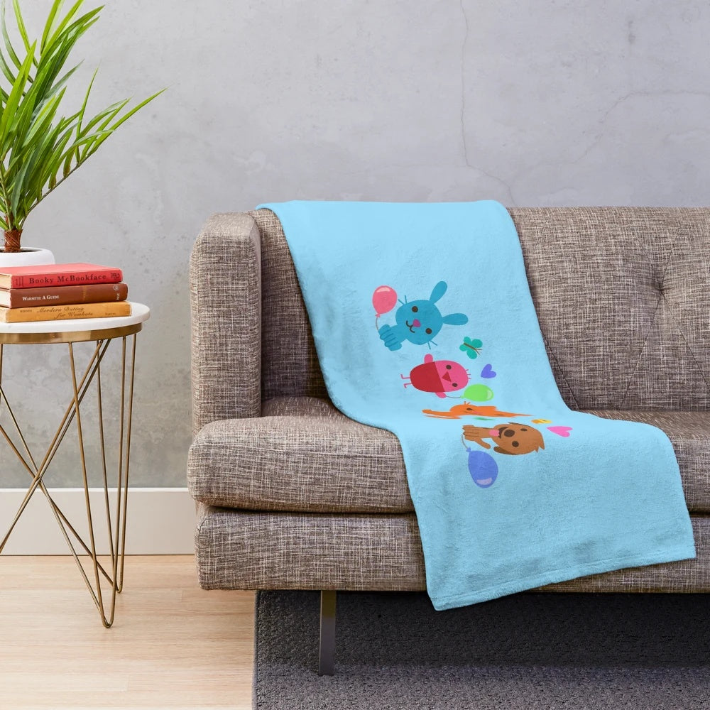 Blue plush blanket with Sago mini characters for kids