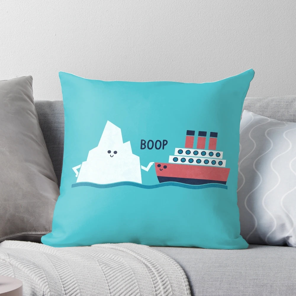 Plush and cozy Boop-themed pillow, featuring a cute iceberg and ship design