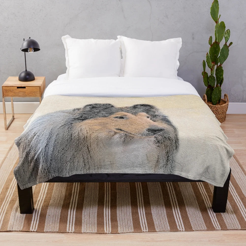 Collie (Rough) plush blanket with a sable-colored portrait
