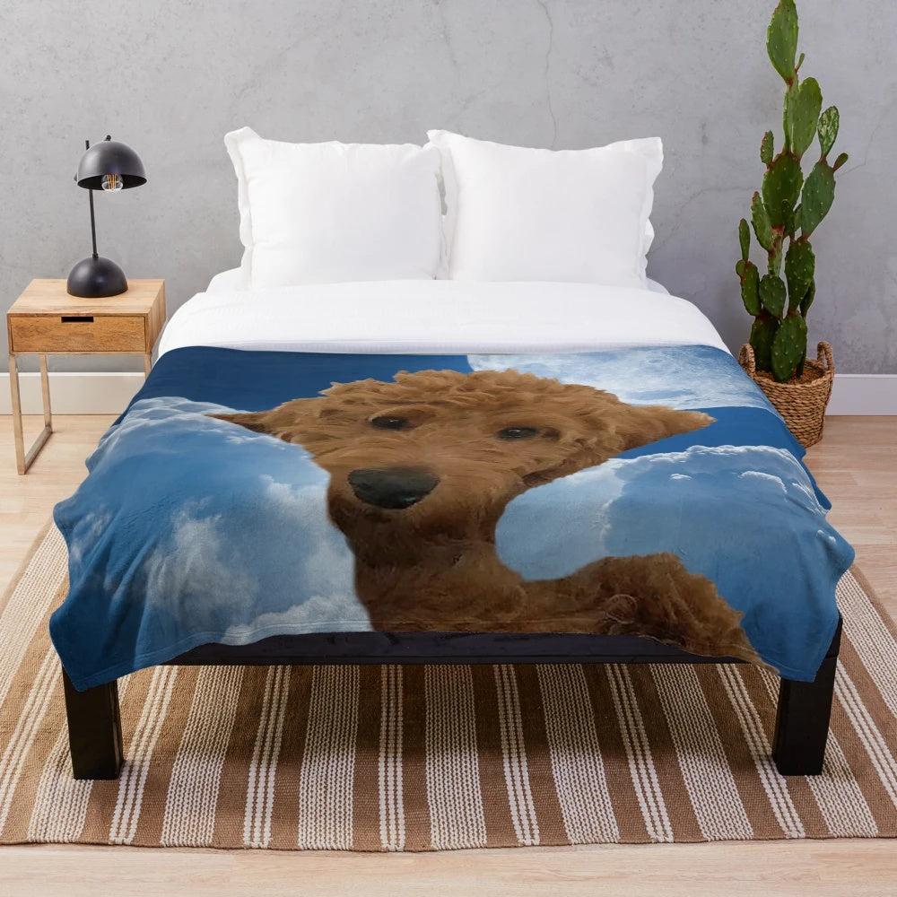Golden doodle plush blanket with blue sky and clouds