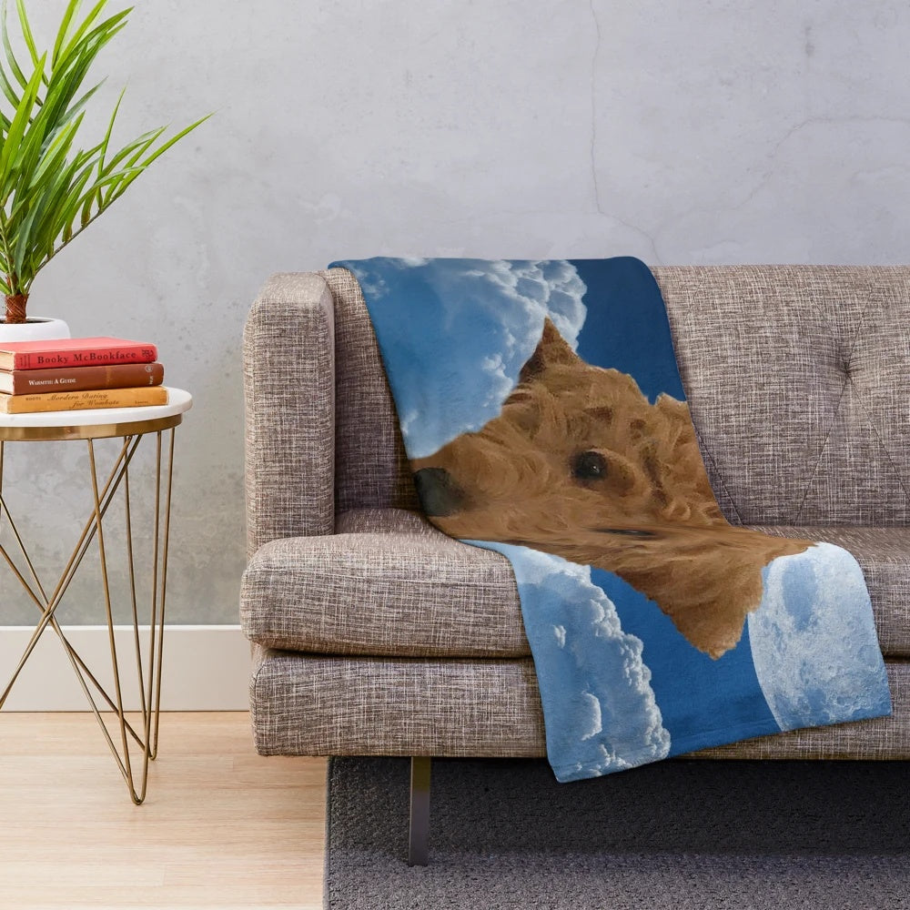 Golden doodle plush blanket with blue sky and clouds
