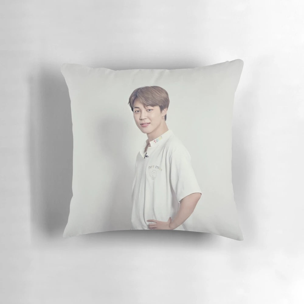Plush, decorative pillow featuring the image of Jimin from the K-pop group BTS