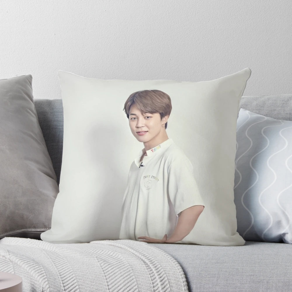 Plush, decorative pillow featuring the image of Jimin from the K-pop group BTS