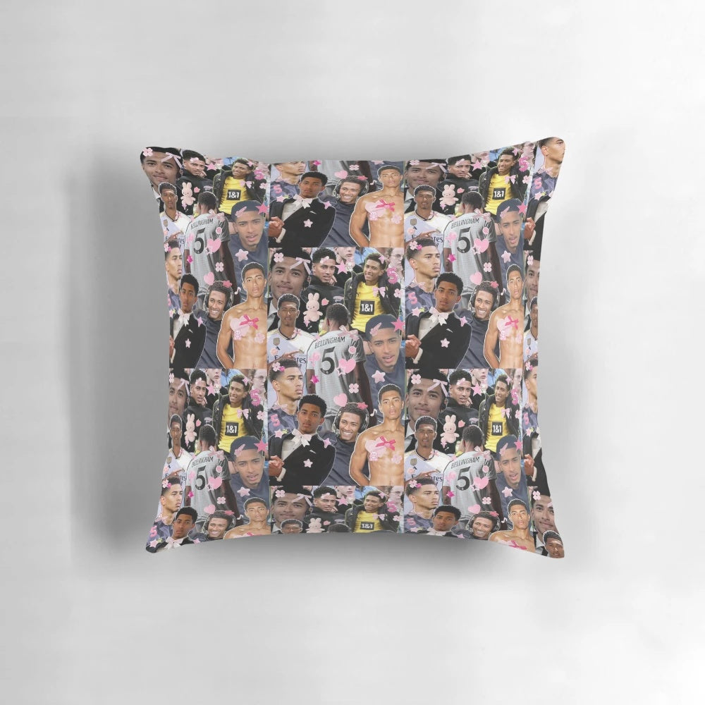 Soft and plush pillow featuring the image of Jude Bellingham, the talented English football player.