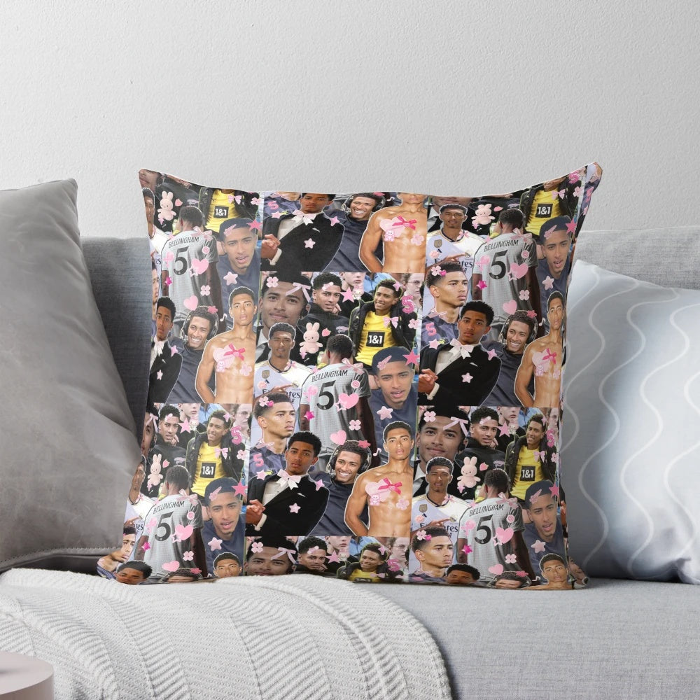 Soft and plush pillow featuring the image of Jude Bellingham, the talented English football player.
