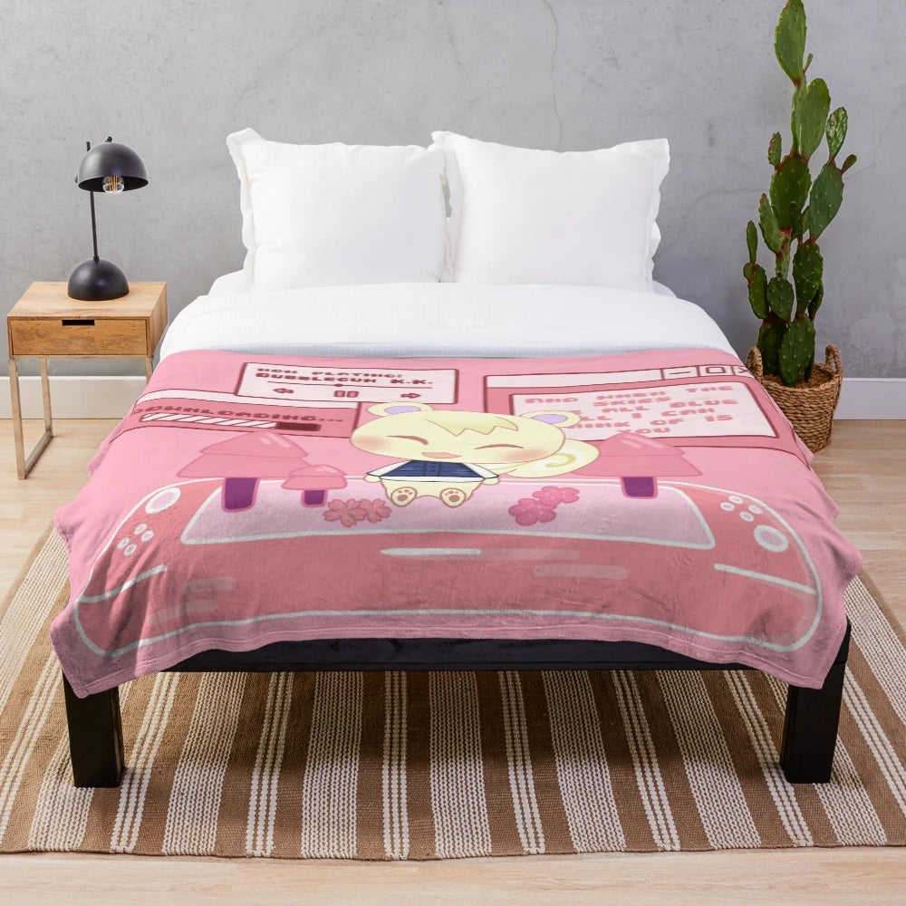 Bubblegum-colored plush blanket featuring the character Marshal from the popular video game Animal Crossing