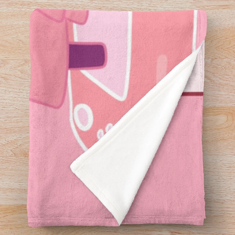 Bubblegum-colored plush blanket featuring the character Marshal from the popular video game Animal Crossing