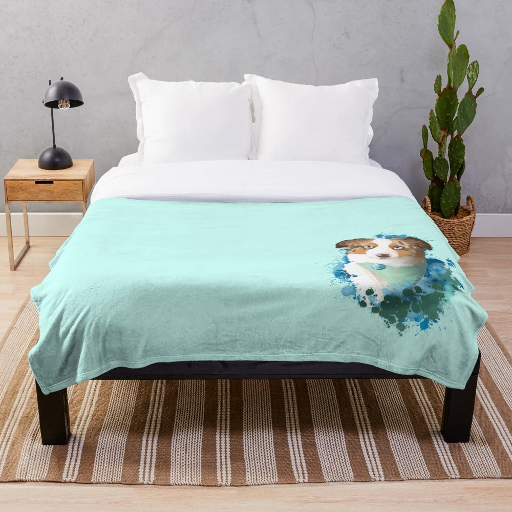 Miniature Australian Shepherd plush blanket with blue eyes