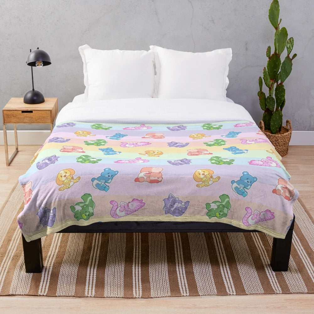 Pastel rainbow plush blanket with soft furry animal design