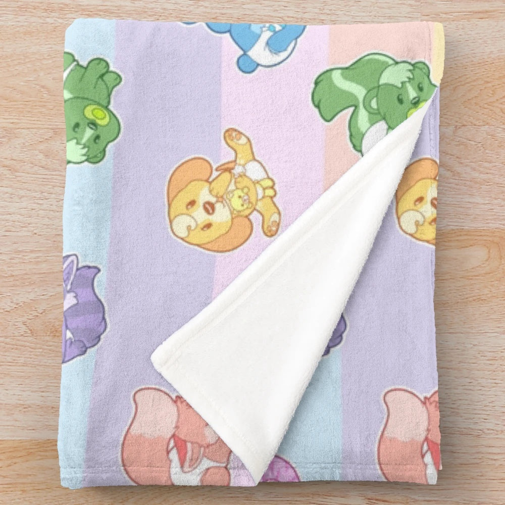 Pastel rainbow plush blanket with soft furry animal design