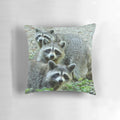 A cozy gray and black raccoon-themed throw pillow