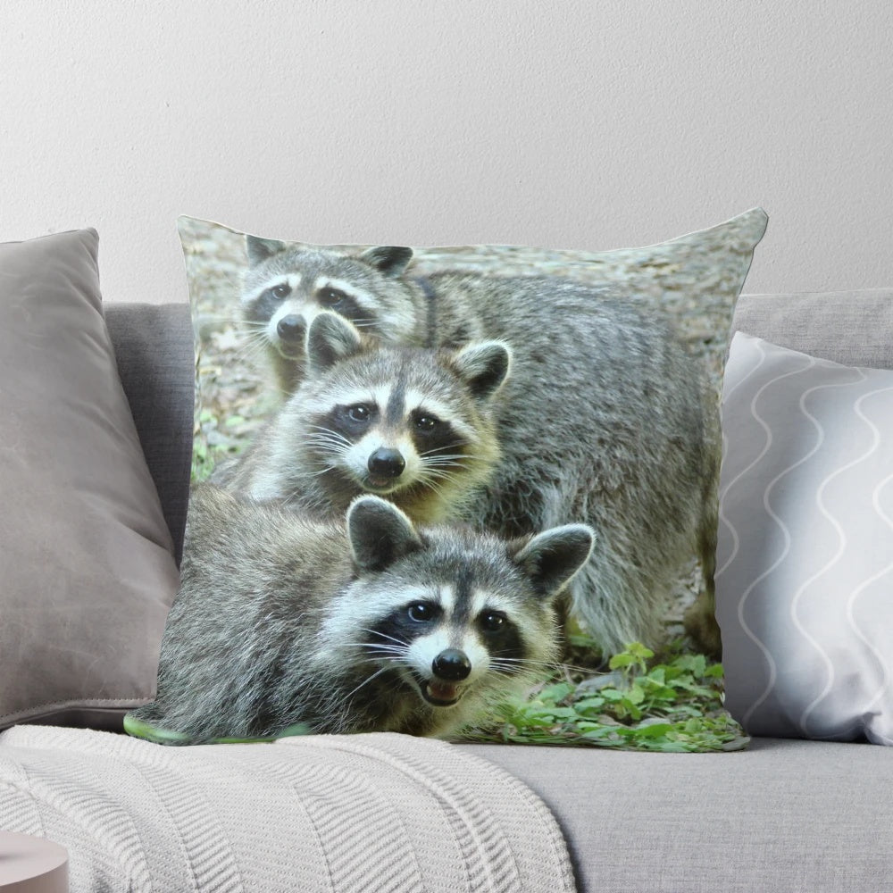 A cozy gray and black raccoon-themed throw pillow