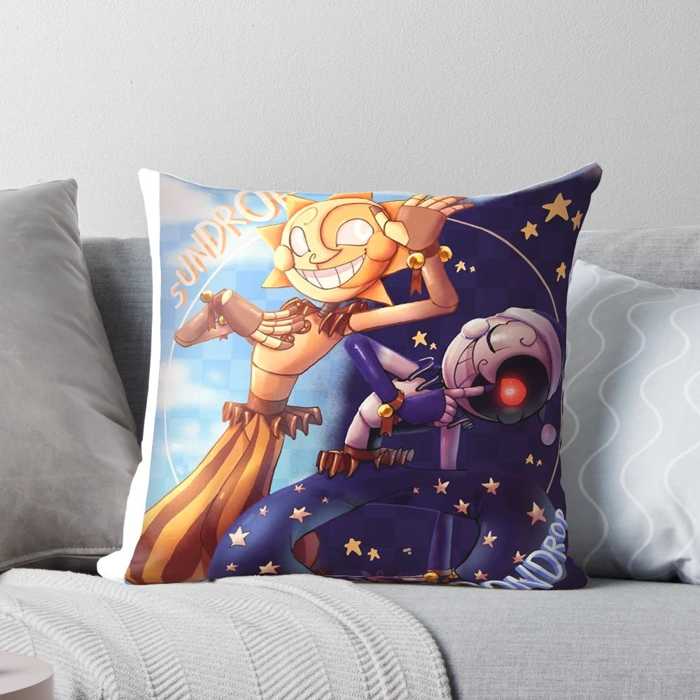 A soft, plush pillow featuring the characters Sundrop and Moondrop from the Five Nights at Freddy's Security Breach game.