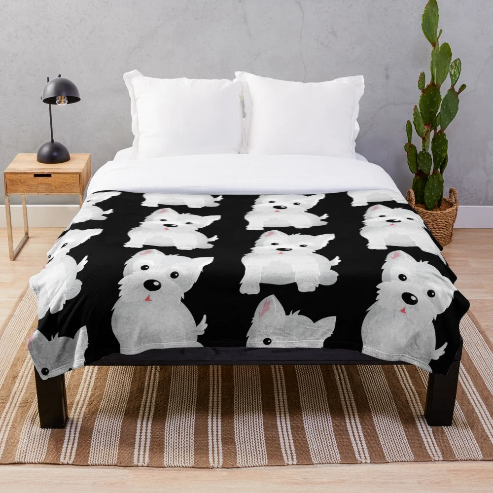 Soft and cozy plush blanket featuring a cute westie dog design
