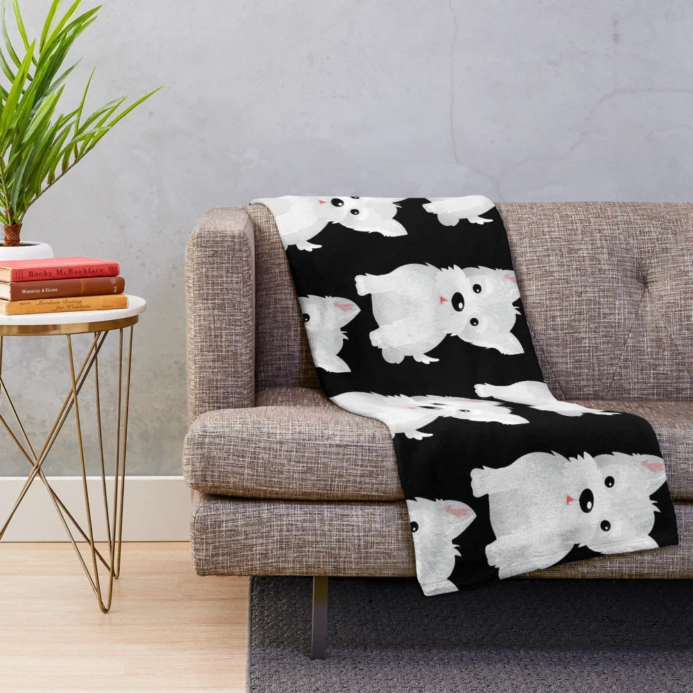 Soft and cozy plush blanket featuring a cute westie dog design