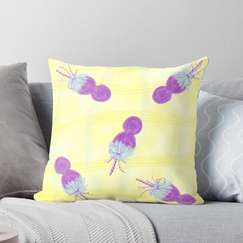 Soft and plush cotton candy-themed decorative pillow in pastel purple with a bow and glitter accents