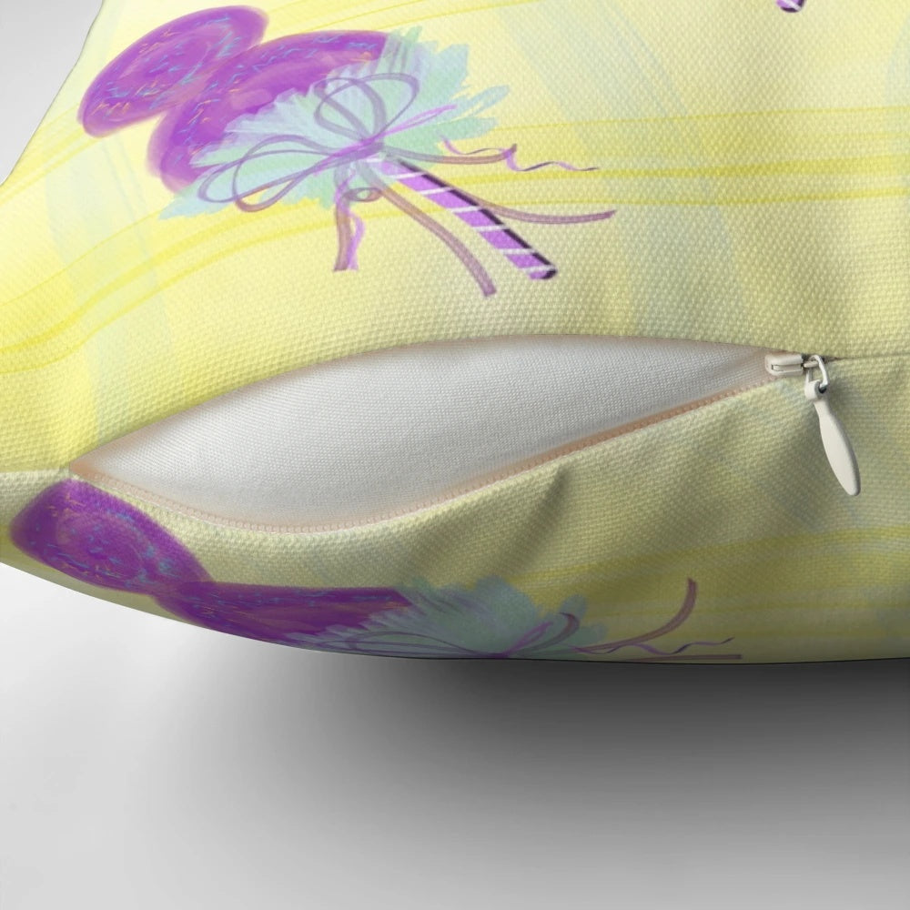 Soft and plush cotton candy-themed decorative pillow in pastel purple with a bow and glitter accents