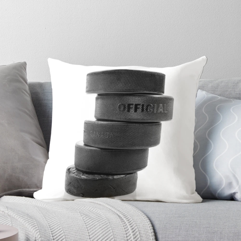 Cozy and Stylish Ice Hockey Pucks Pillow Featuring a Black and White Design