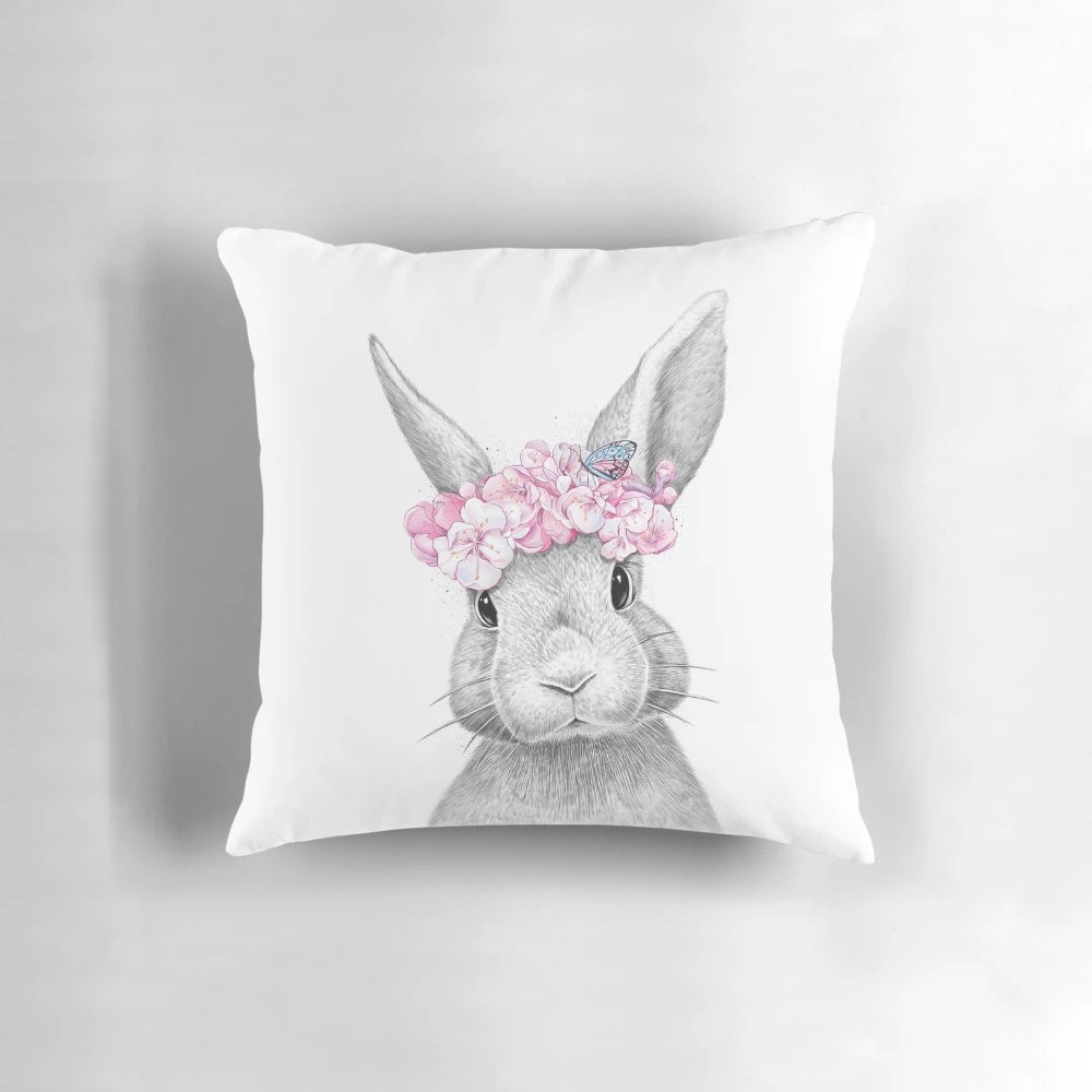 Cozy and Adorable Spring Bunny Decorative Pillow with Floral Wreath