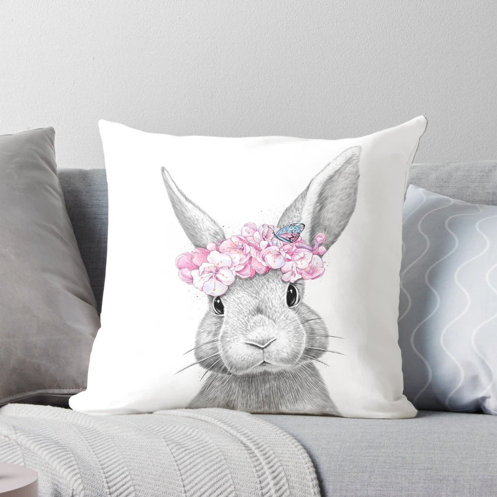 Cozy and Adorable Spring Bunny Decorative Pillow with Floral Wreath