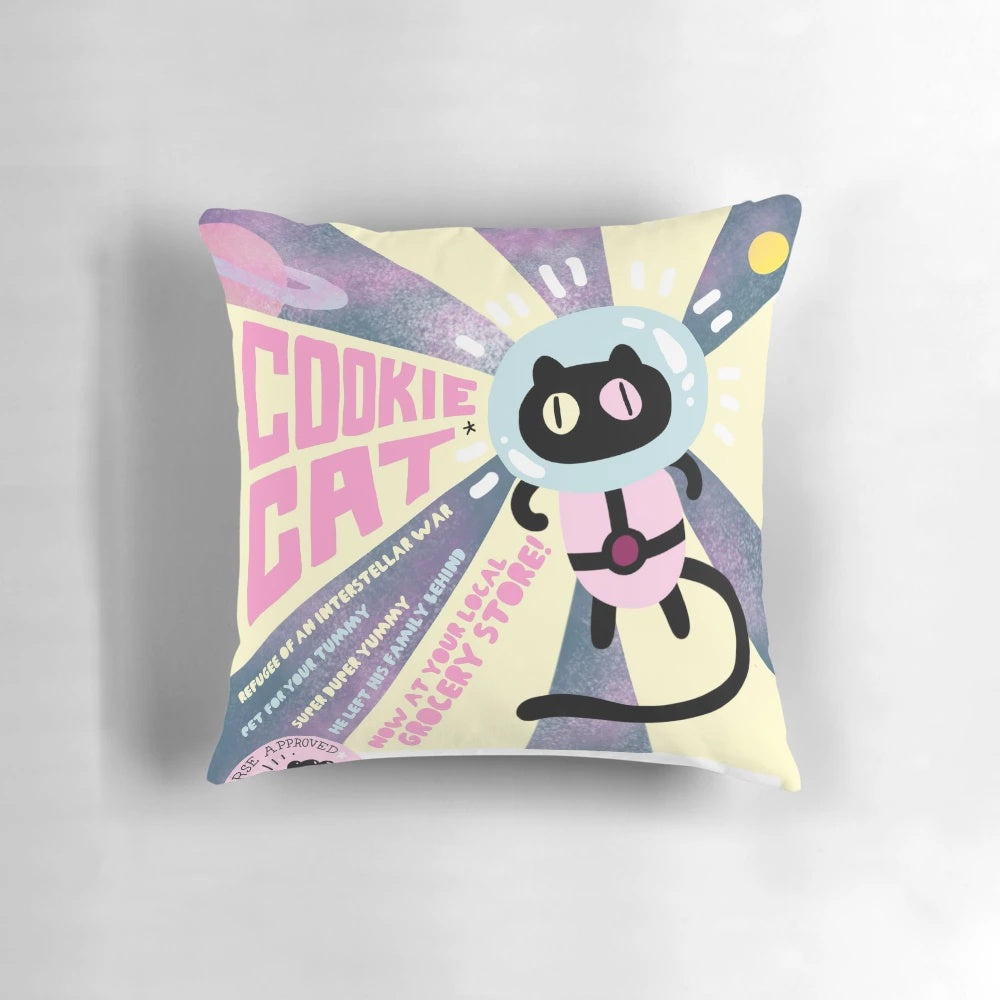 A fluffy, colorful pillow featuring the iconic Cookie Cat character from the cartoon series Steven Universe.