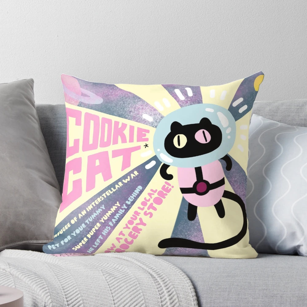 A fluffy, colorful pillow featuring the iconic Cookie Cat character from the cartoon series Steven Universe.