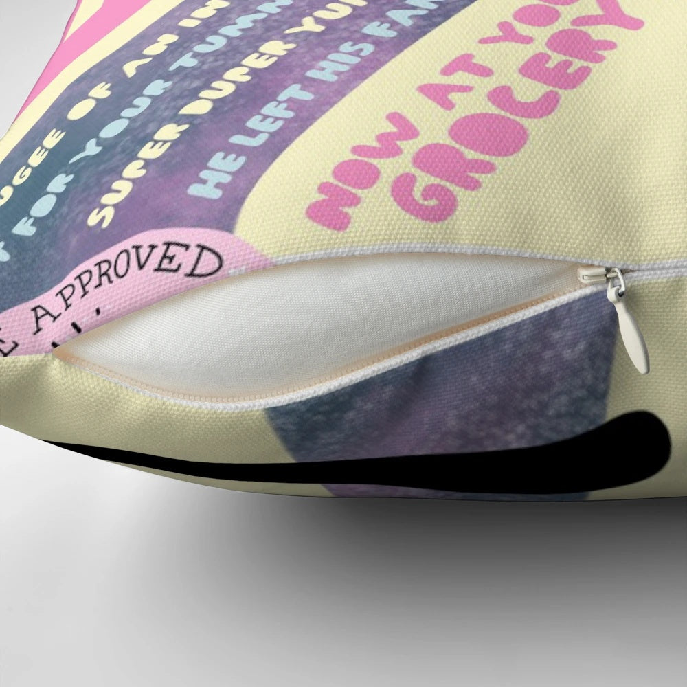 A fluffy, colorful pillow featuring the iconic Cookie Cat character from the cartoon series Steven Universe.