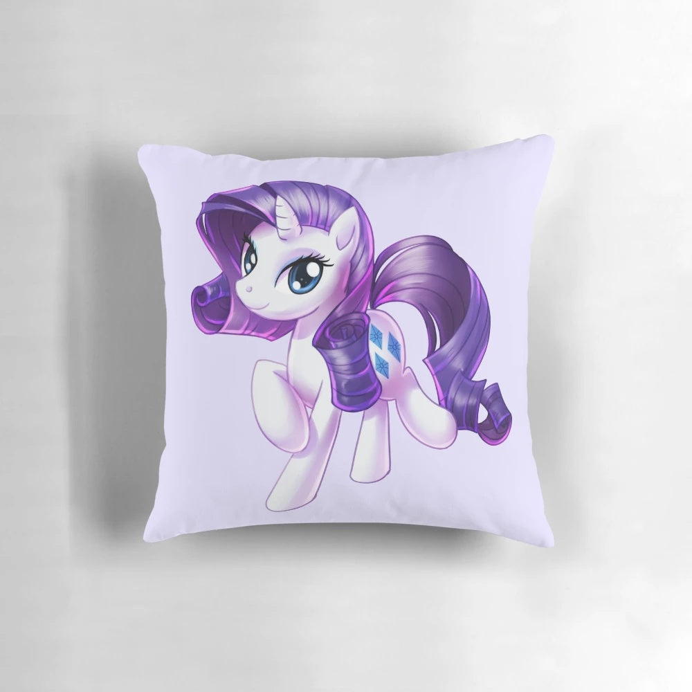 Soft and fluffy Rarity pillow from My Little Pony, featuring the unicorn pony in white and purple colors.