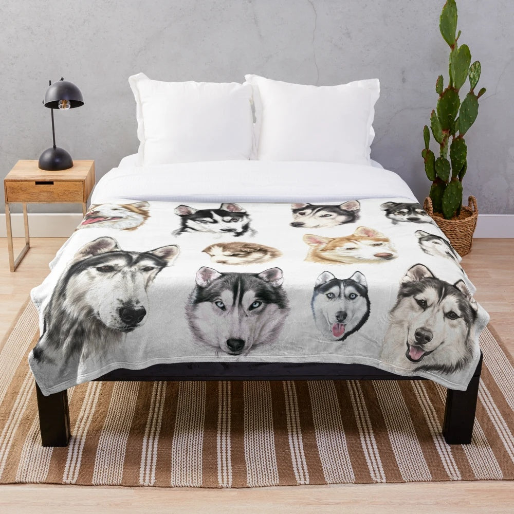 Cozy Husky Plush Blanket with Playful Puppy Design