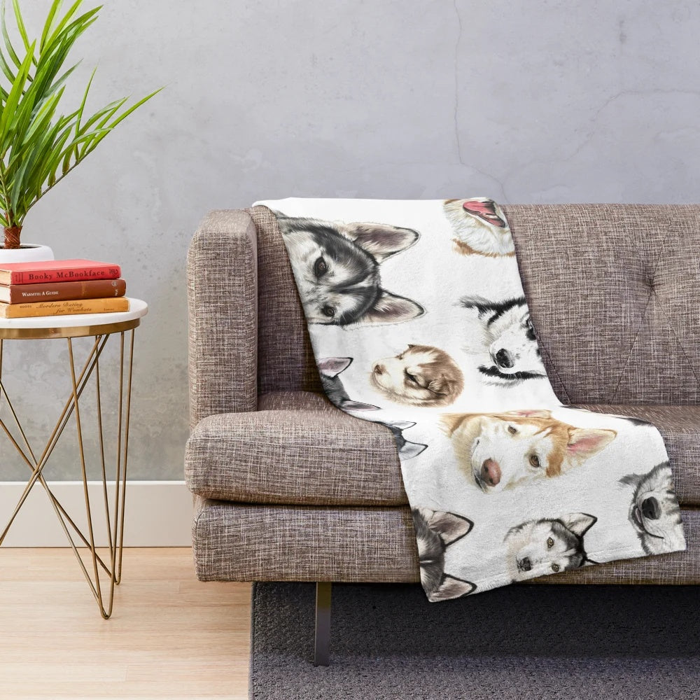 Cozy Husky Plush Blanket with Playful Puppy Design