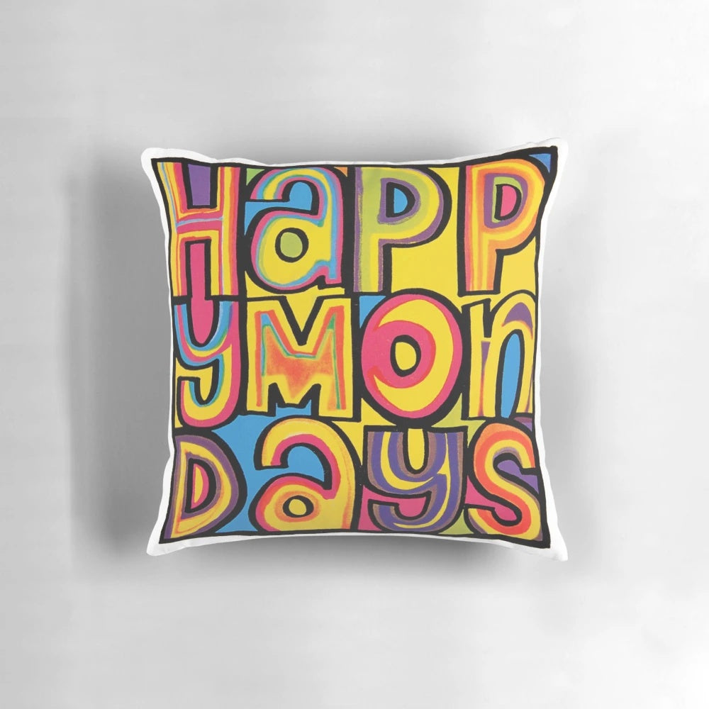 Cozy "Happy Mondays" themed throw pillow featuring the iconic band's logo