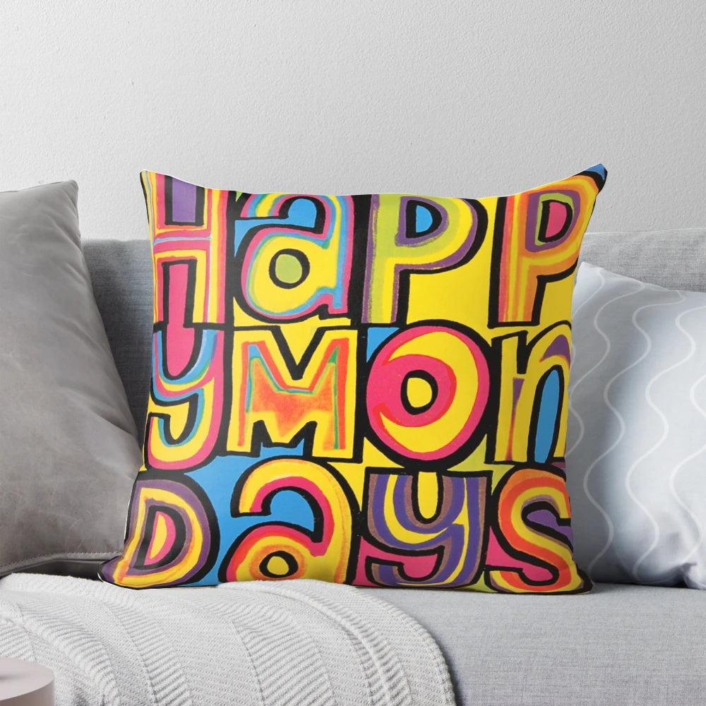Cozy "Happy Mondays" themed throw pillow featuring the iconic band's logo