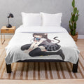 Anime cat girl plush blanket on a bed