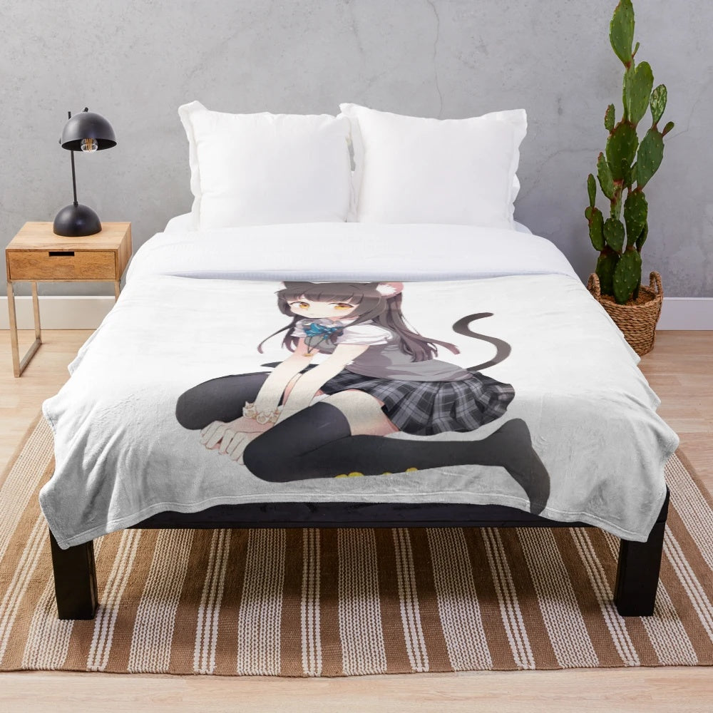 Anime cat girl plush blanket on a bed