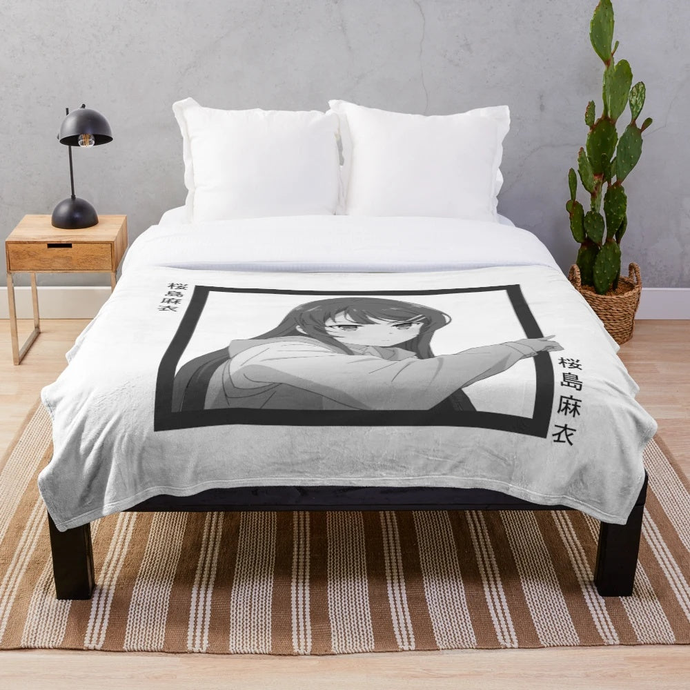 Soft and cozy anime-inspired plush blanket with the character Mai Sakurajima from Rascal Does Not Dream of Bunny Girl Senpai
