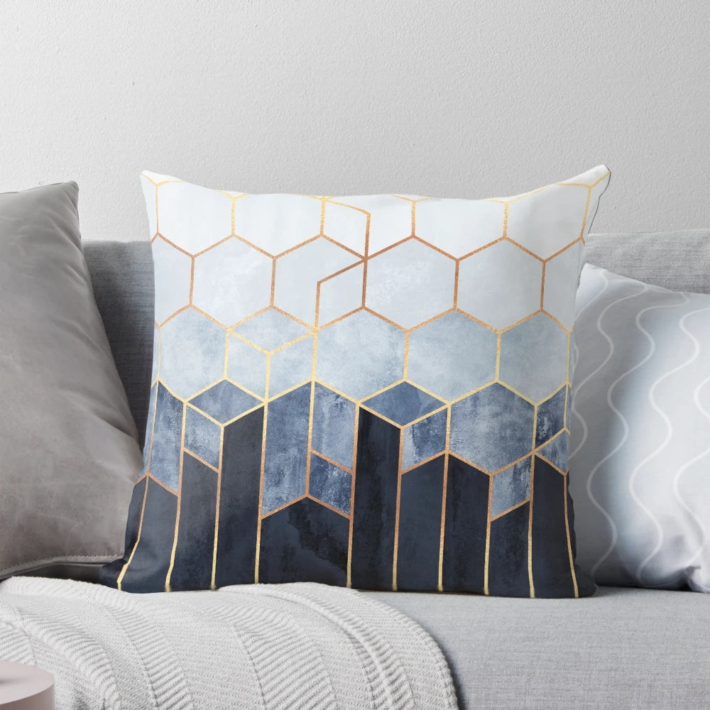 Soft blue hexagon-patterned decorative throw pillow