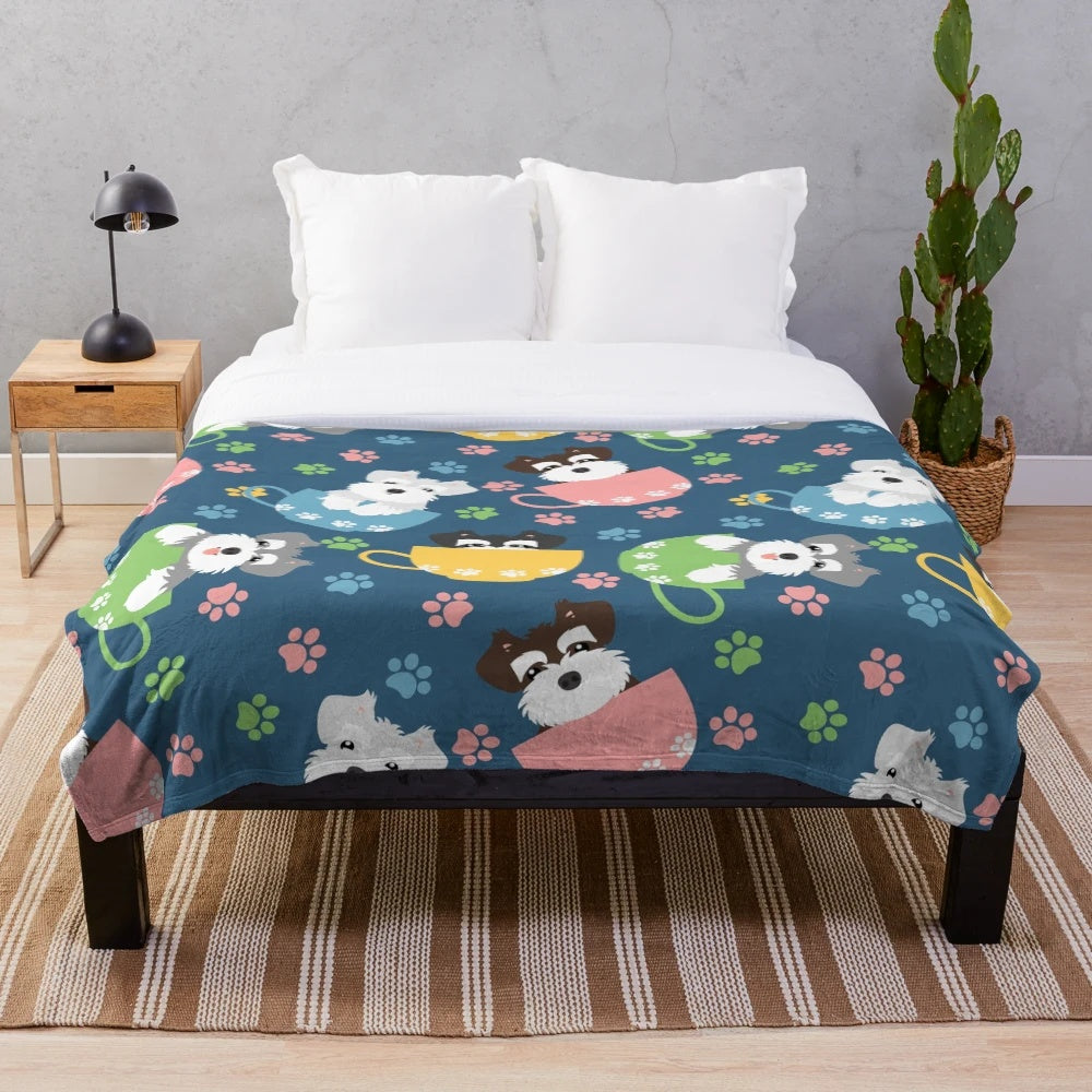 Soft blue plush blanket featuring adorable miniature schnauzer puppies