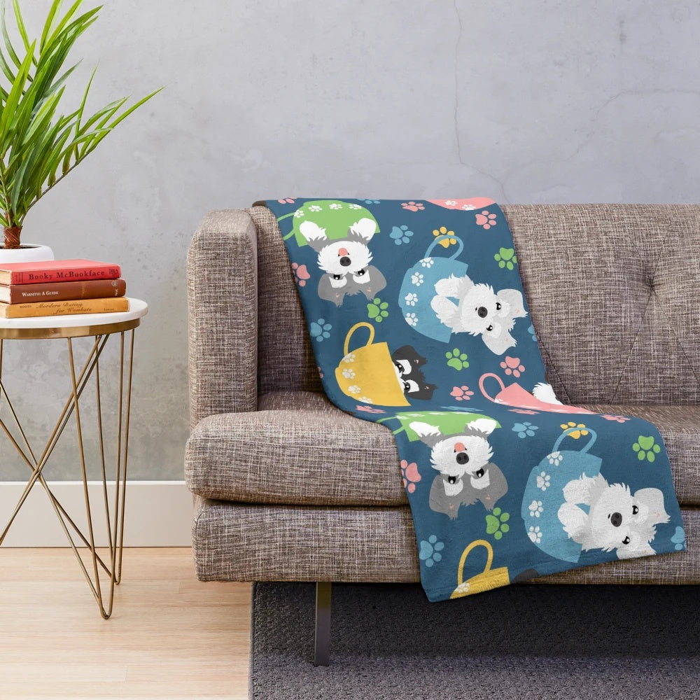 Soft blue plush blanket featuring adorable miniature schnauzer puppies