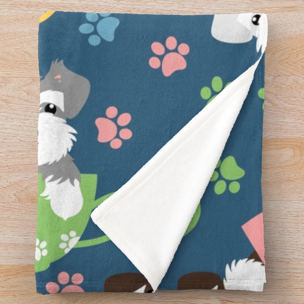 Soft blue plush blanket featuring adorable miniature schnauzer puppies
