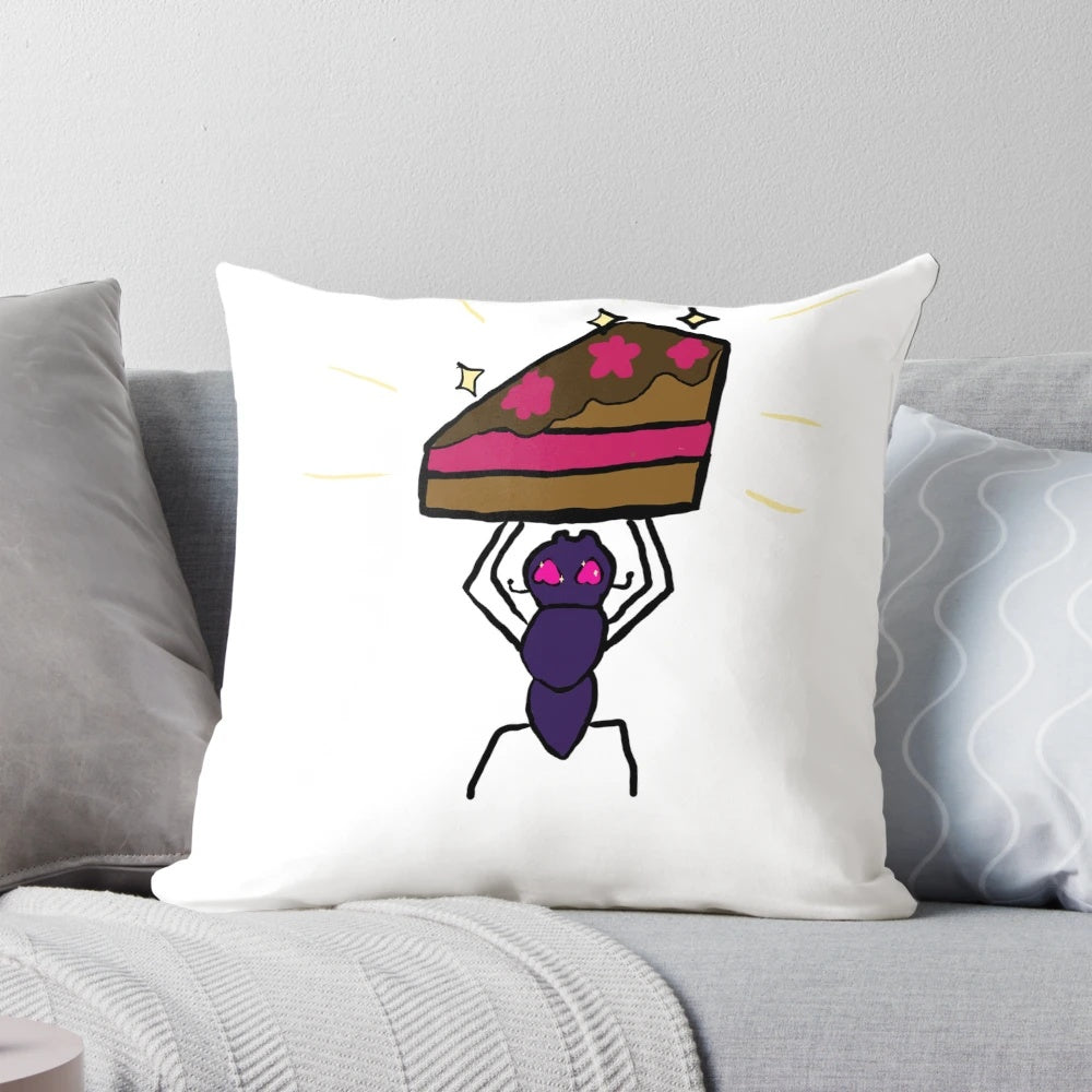 Soft, plush pillow with a cake and ant design, perfect for decorating and cuddling.