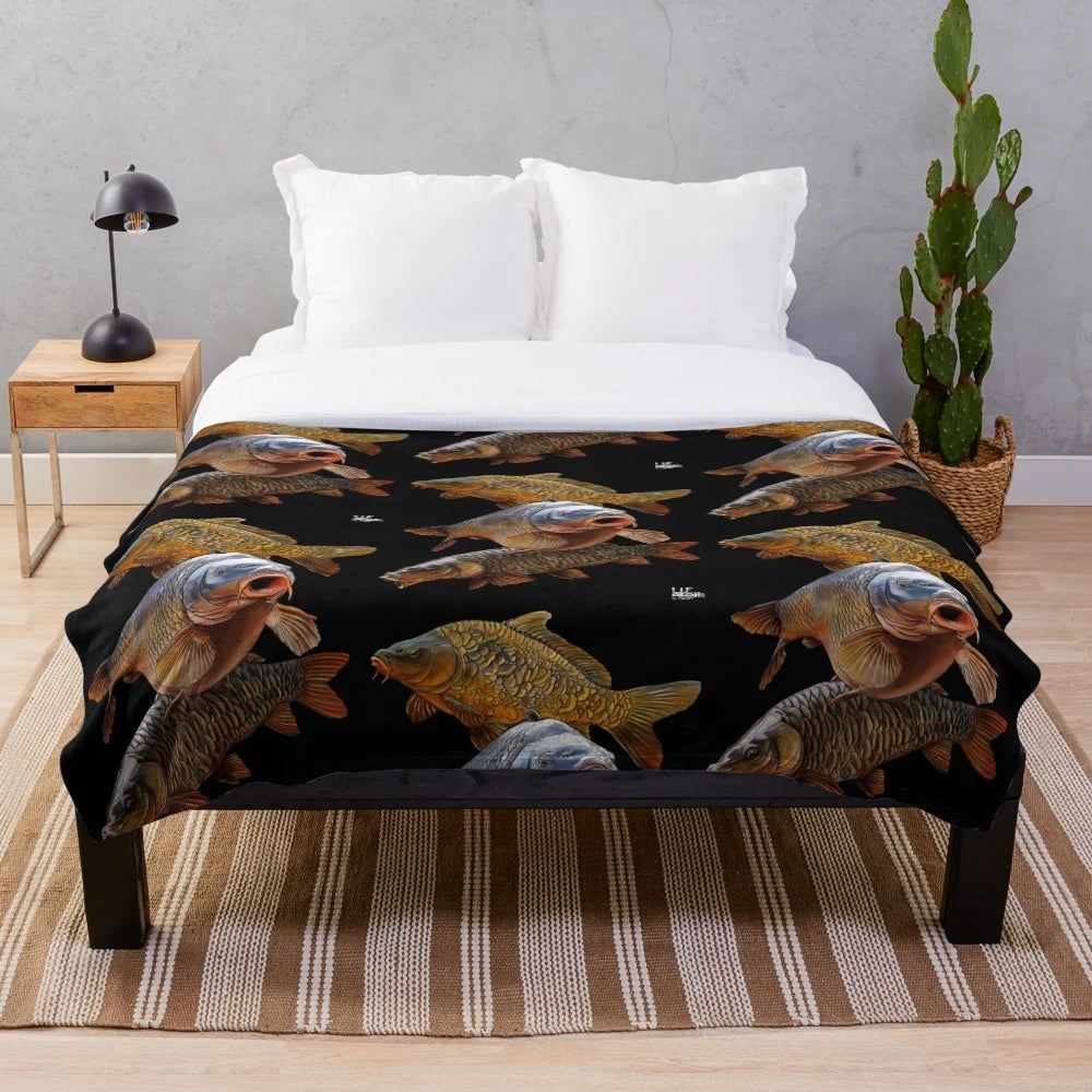 Cozy plush blanket featuring a detailed carp fish design