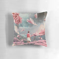 Soft, pastel-colored pillow with a surreal collage design featuring a woman in a floral landscape, symbolizing acceptance of distance and life's journey.