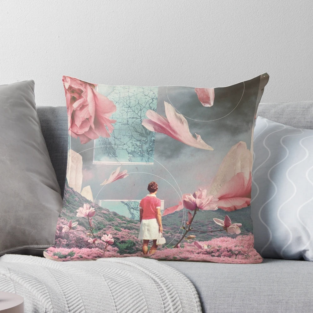 Soft, pastel-colored pillow with a surreal collage design featuring a woman in a floral landscape, symbolizing acceptance of distance and life's journey.