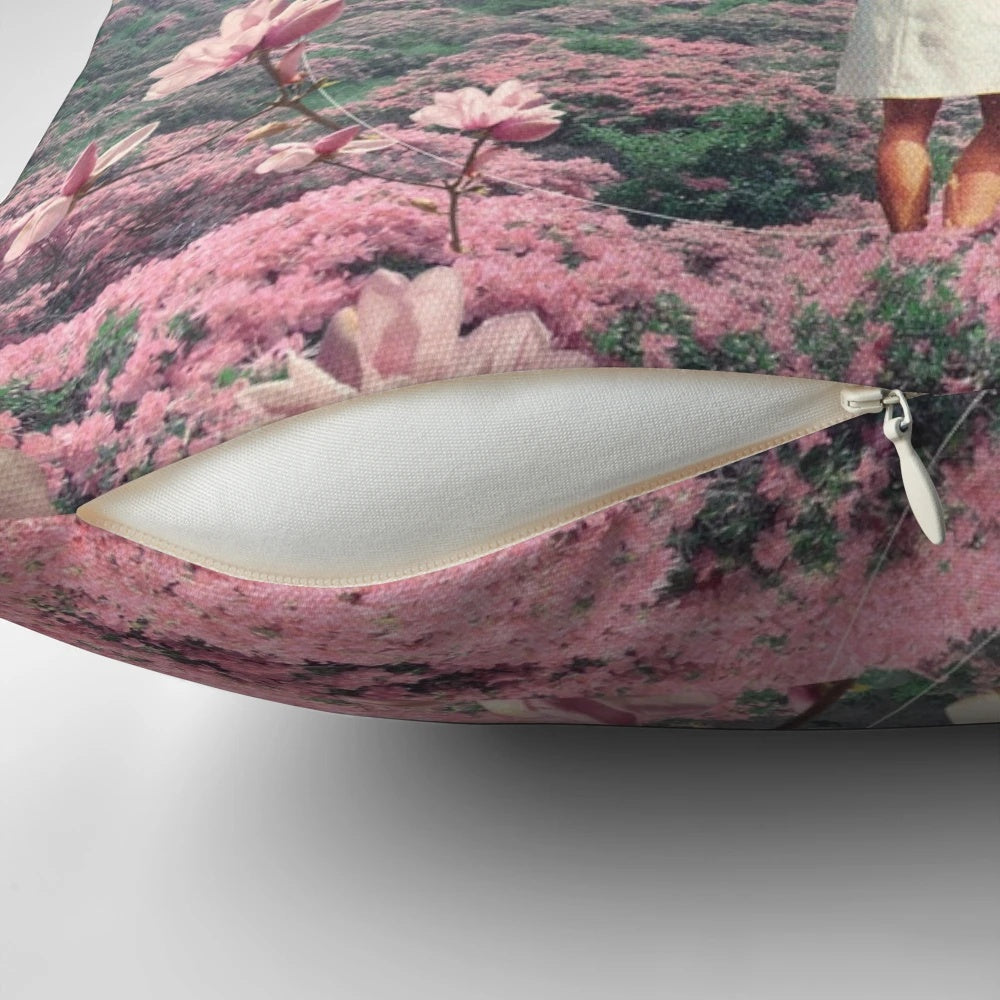 Soft, pastel-colored pillow with a surreal collage design featuring a woman in a floral landscape, symbolizing acceptance of distance and life's journey.